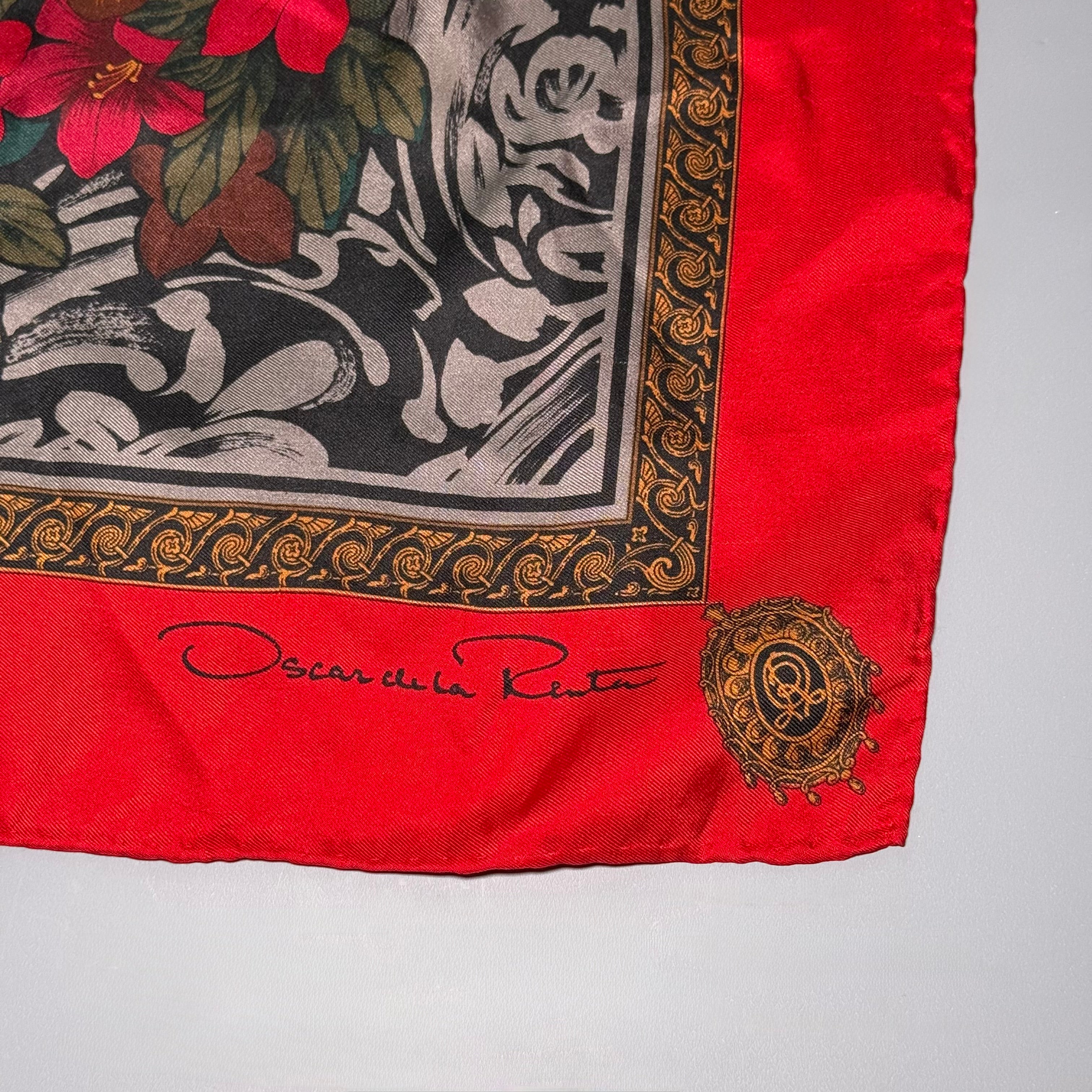 Oscar de la Renta Red Pink Peony Floral Silk Bandana Scarf
