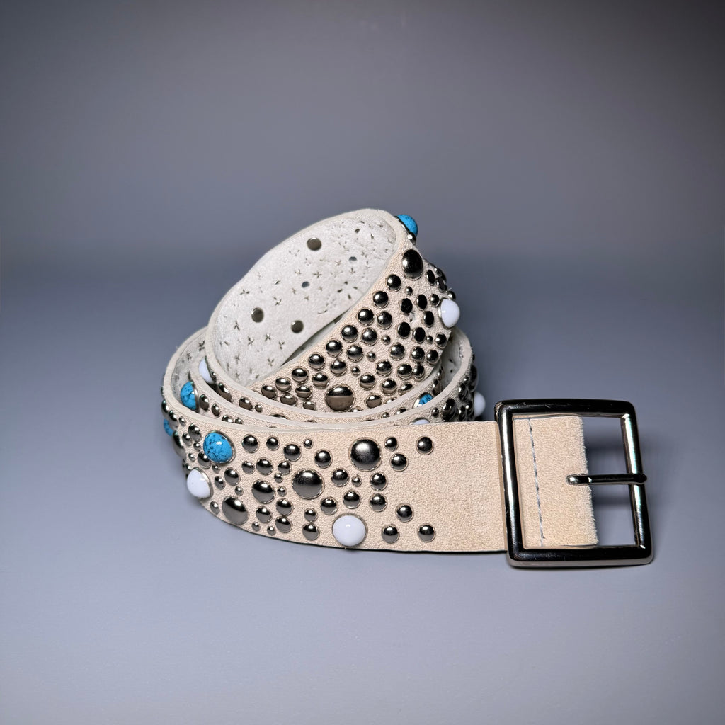 GUESS Western Studded Suede Belt Cream Boho Turquoise