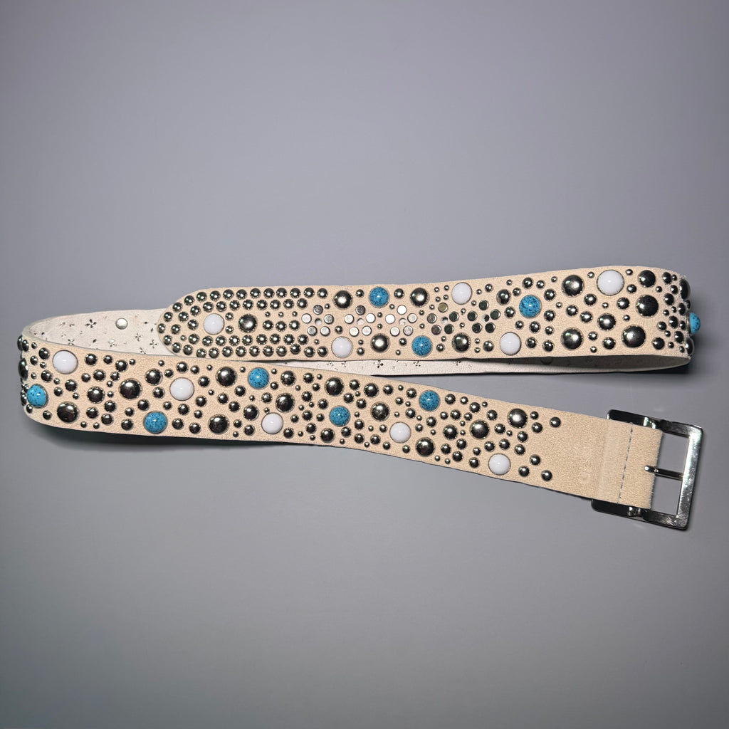 GUESS Western Studded Suede Belt Cream Boho Turquoise