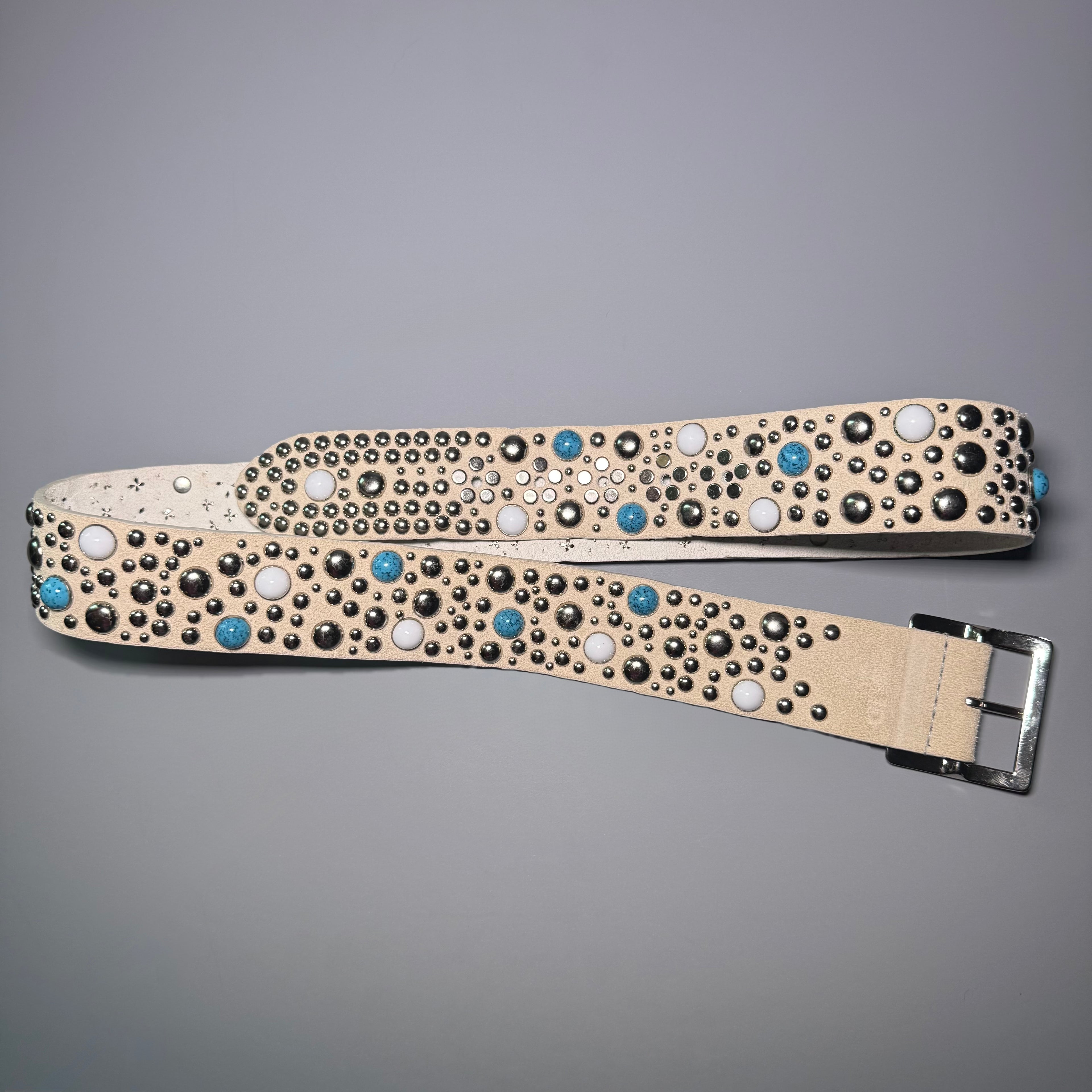 GUESS Western Studded Suede Belt Cream Boho Turquoise