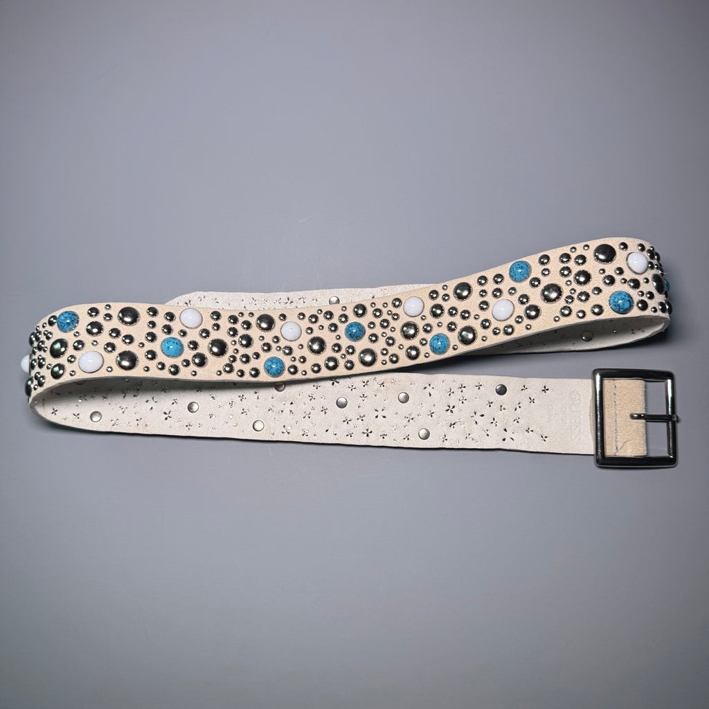 GUESS Western Studded Suede Belt Cream Boho Turquoise