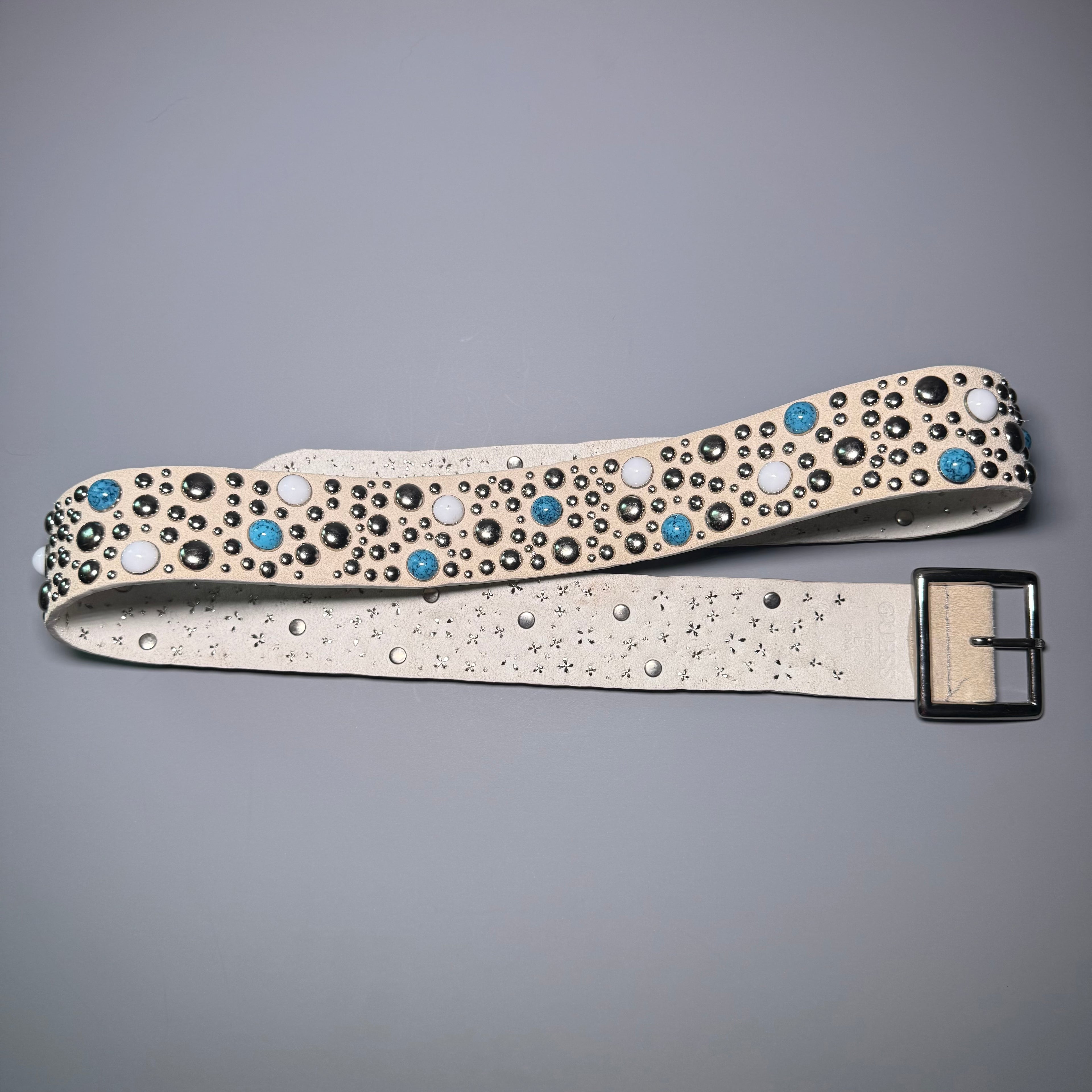GUESS Western Studded Suede Belt Cream Boho Turquoise