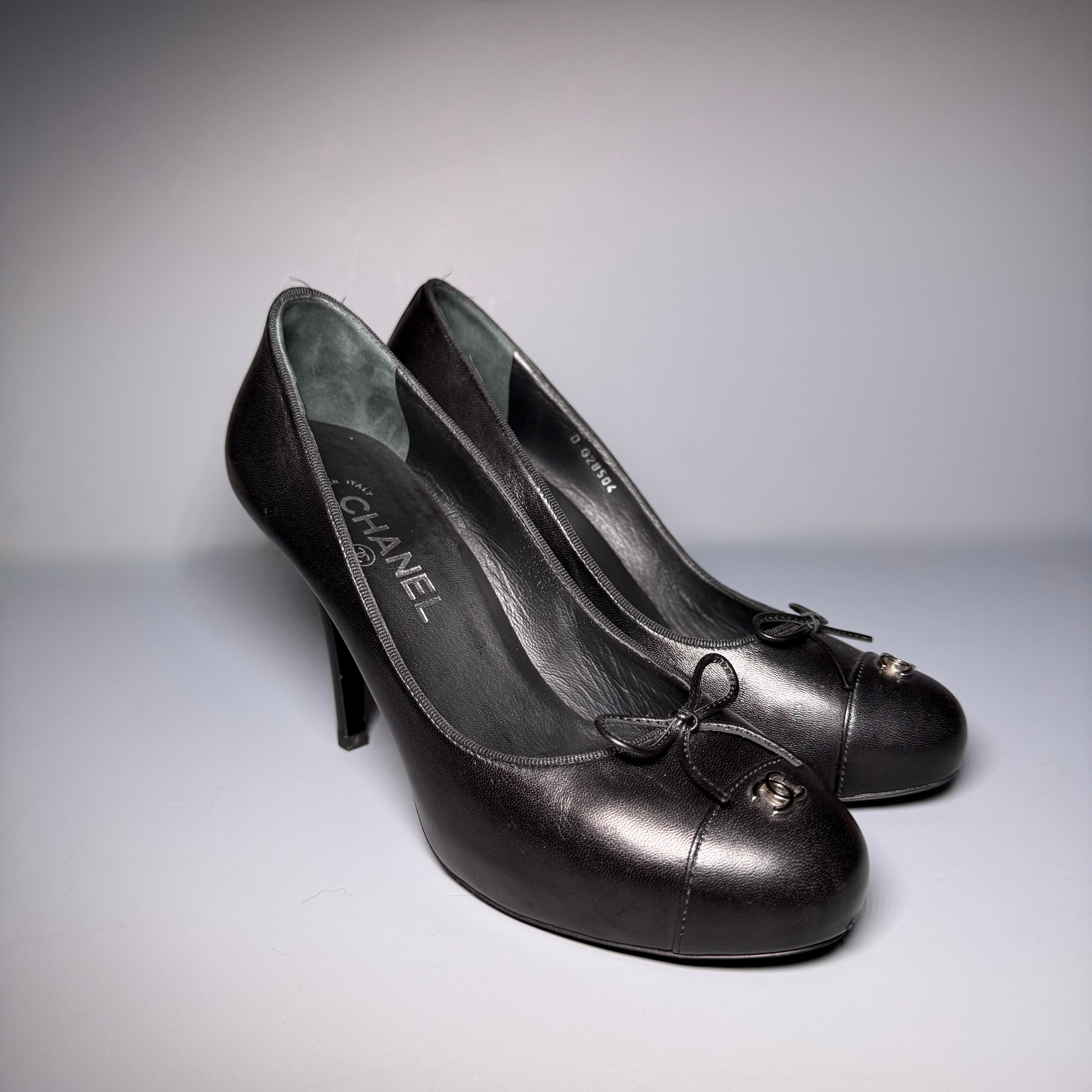 CHANEL Black Leather Ballerina Toe Pumps