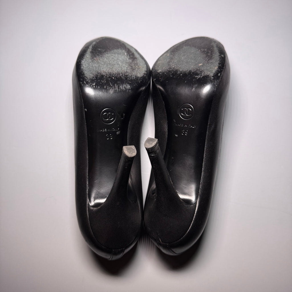 CHANEL Black Leather Ballerina Toe Pumps
