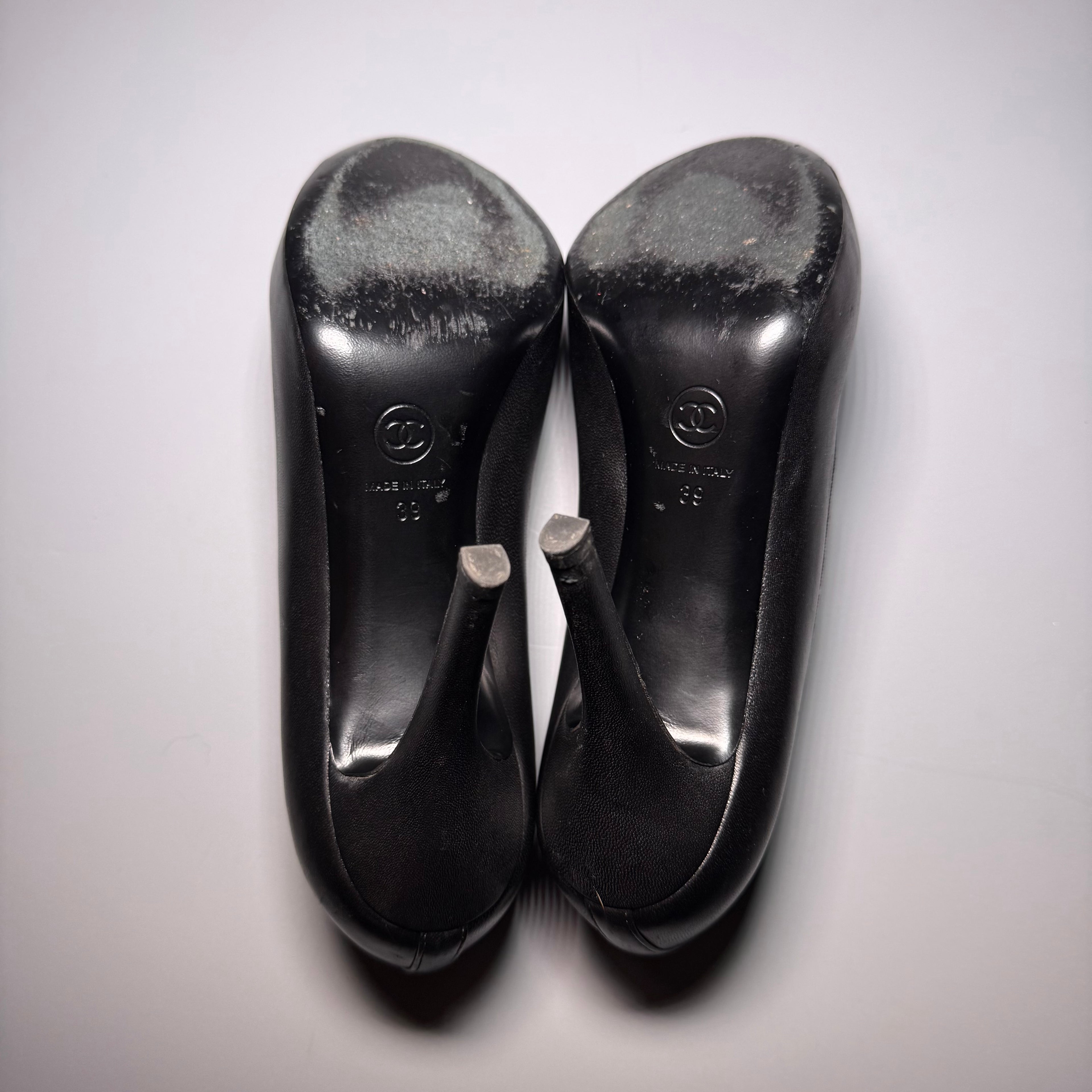 CHANEL Black Leather Ballerina Toe Pumps